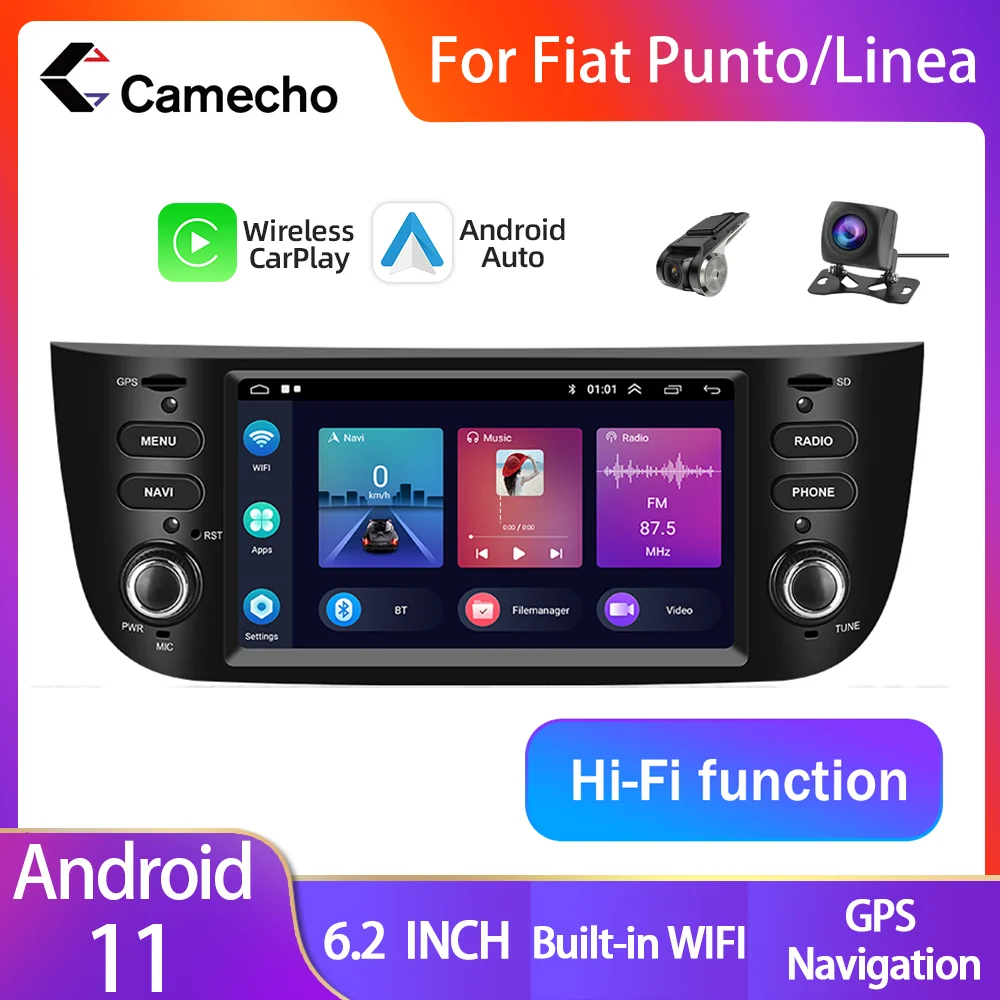 Camecho-reproductor Multimedia con GPS para coche, Radio estéreo con Android 11, Carplay, para Fiat Punto Linea 2012 - 2016