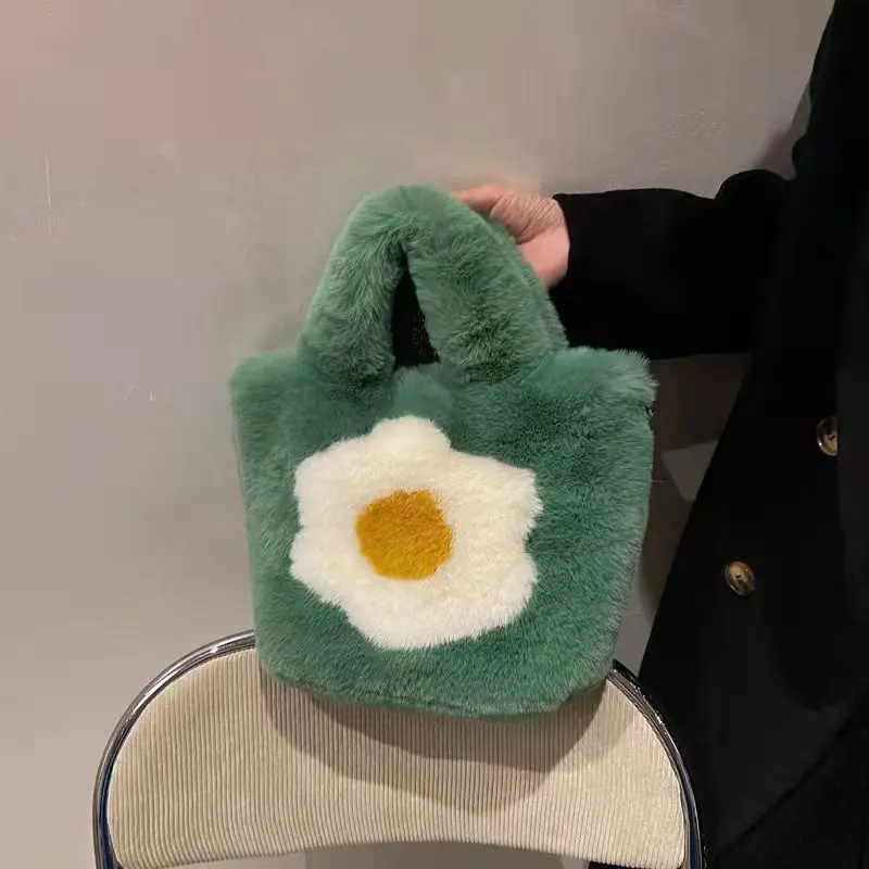 Зимняя плюшевая Сумка-тоут из искусственного меха с цветами для женщин брендовая