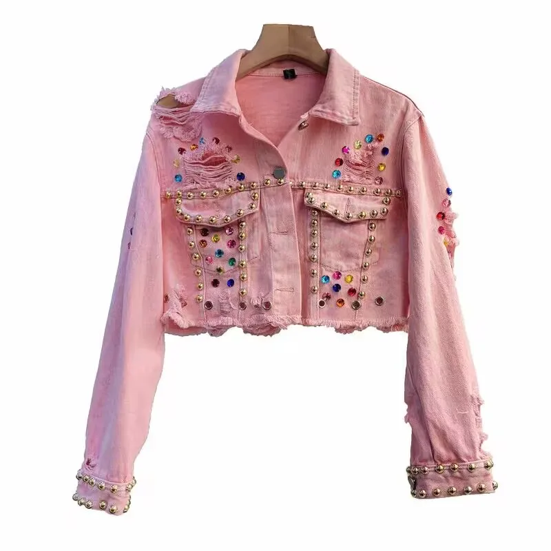 

Denim Coat Short 2023 Spring and Autumn Women's Jacket Nailed Beads with Drilled Holes Loose Hem Casual Pink