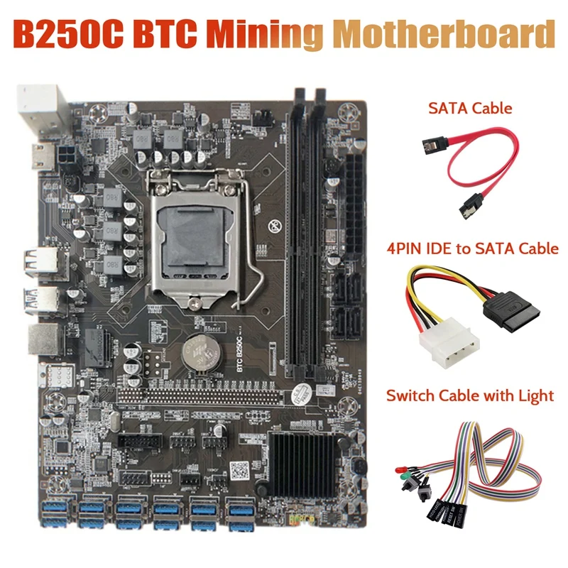 

B250C Miner Motherboard+Dual Switch Cable With Light+4PIN IDE To SATA+SATA Cable 12 PCIE To USB3.0 Graphics Card Slot