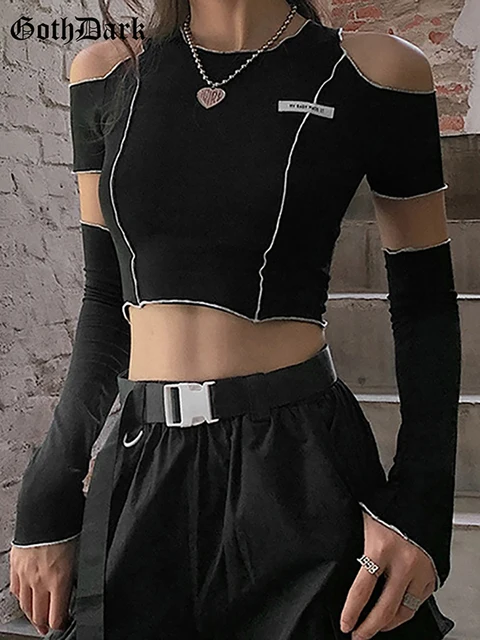 Женская футболка в стиле готика Goth Dark, черная футболка в стиле пэчворк с открытым плечом и оборками на подоле Y2k