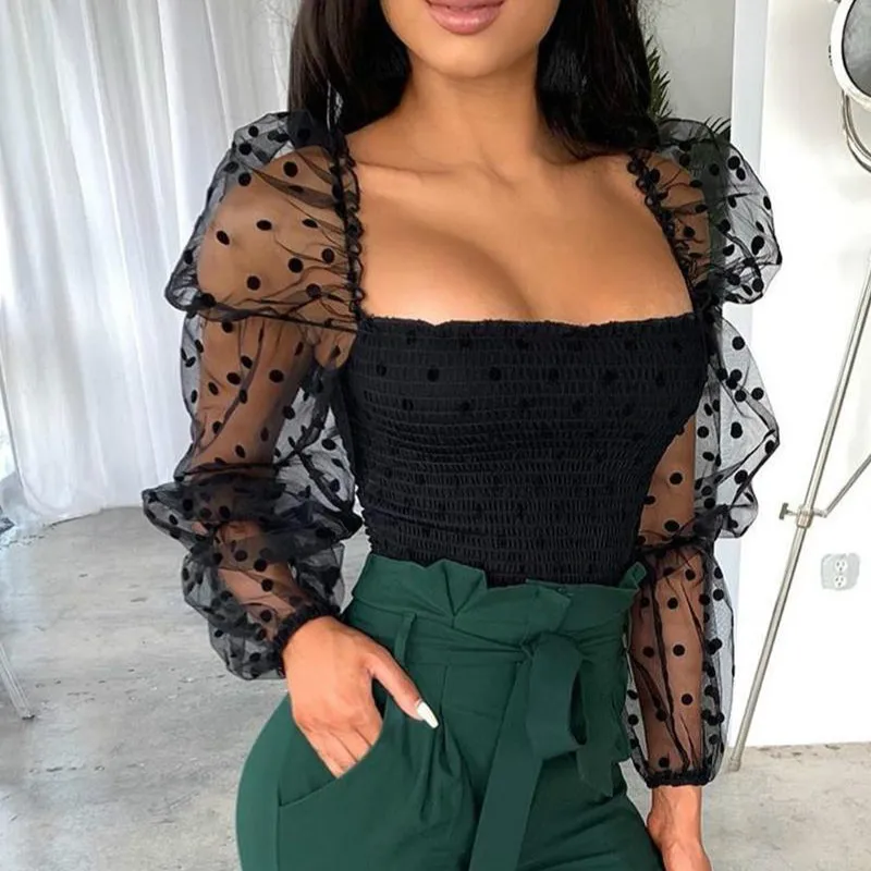 

Sexy Mesh See-through Women Blouse Square Neck Polka Dot Puff Tube Top Sheer Long Sleeve Elastic Shirt Clubwear Party Streetwear