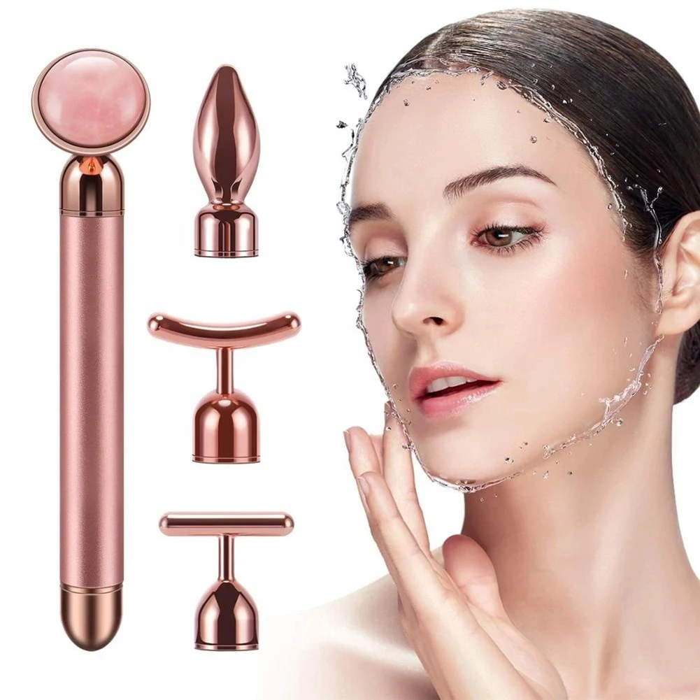 

4 in 1 Vibrating Rose Quartz Roller Eye Massager Jade Roller T/V Shaped Face Lifting Slimming Beauty Bar Massager