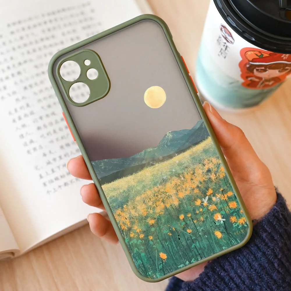 Чехол для телефона с мультяшным пейзажем iPhone 13 15 11 12 14 Pro XS Max 13Mini 7 8 Plus SE X XR матовые