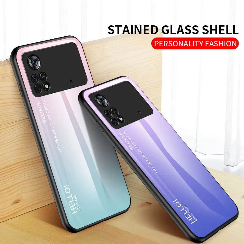 for poco x4 pro case tempered glass luxury gradient back cover soft silicone frame phone case for xiaomi poco x4 pro 5g free global shipping