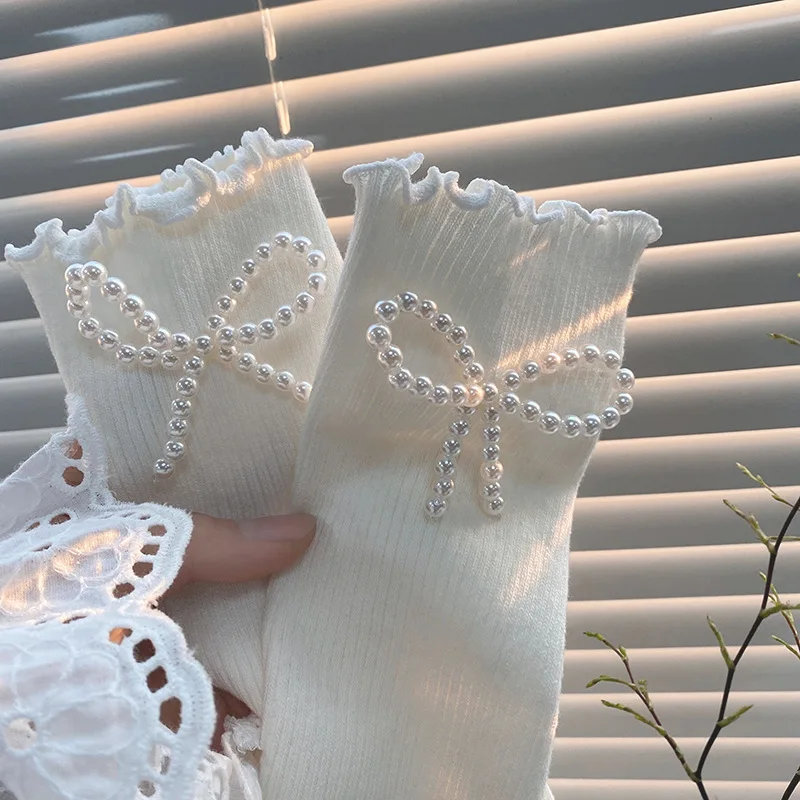 

Женские носки, Лолита, белые, черные носки с бантом и жемчугом для девушек, сексуальные хлопковые чулки JK, милые носки средней длины