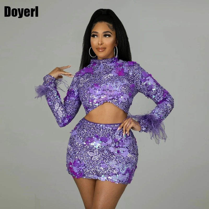 

Party Sexy Two Piece Set Women Skirt and Top Matching Sets Long Sleeve Mini Feather Sequin Co Ord Skirt Set Women Club Outfits