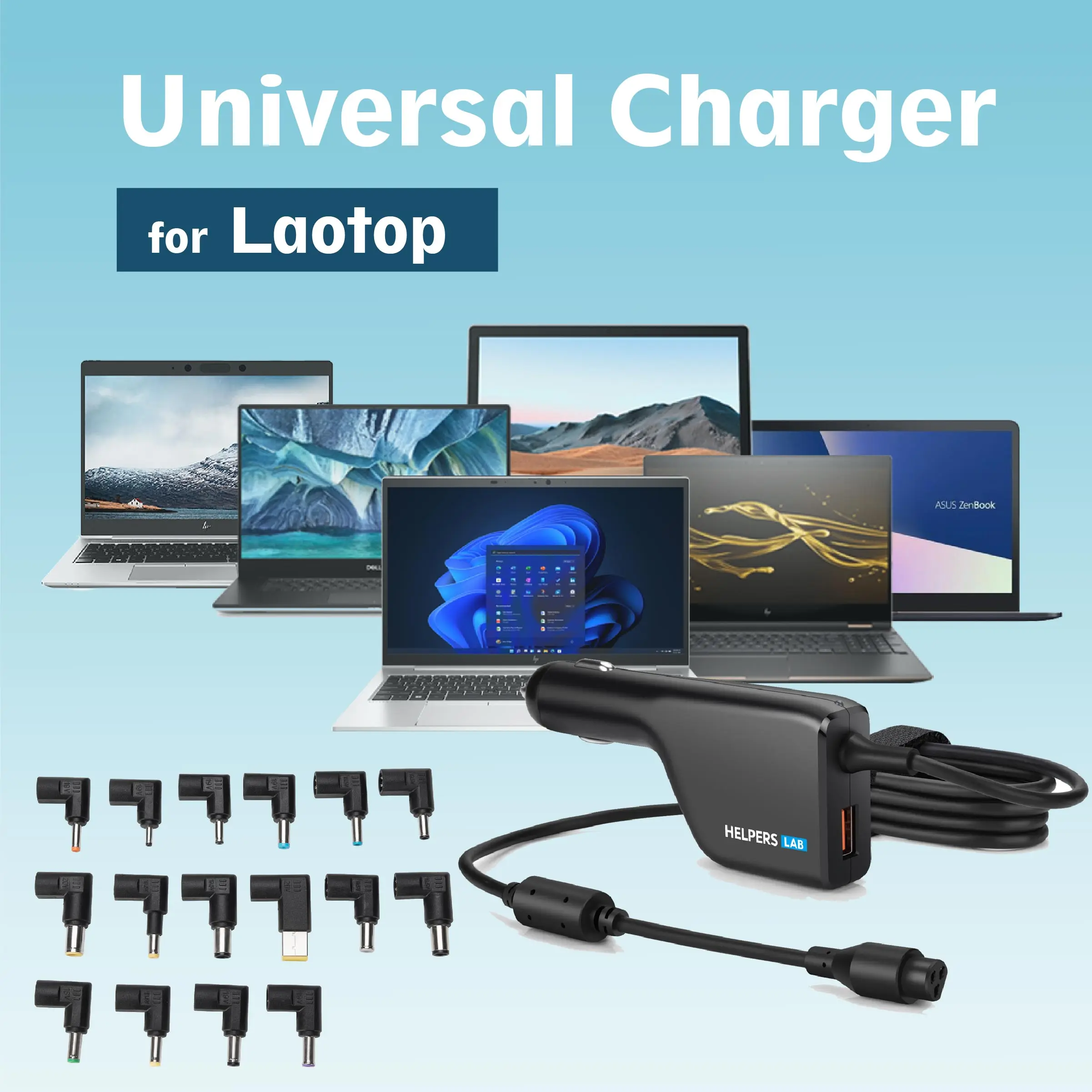 

90W Universal Laptop Car Charger with 18W QC3.0 Power Supply for 16V 18.5V 19V 19.5V 20V Notebook fit on 12V-24V Car Truck Boat