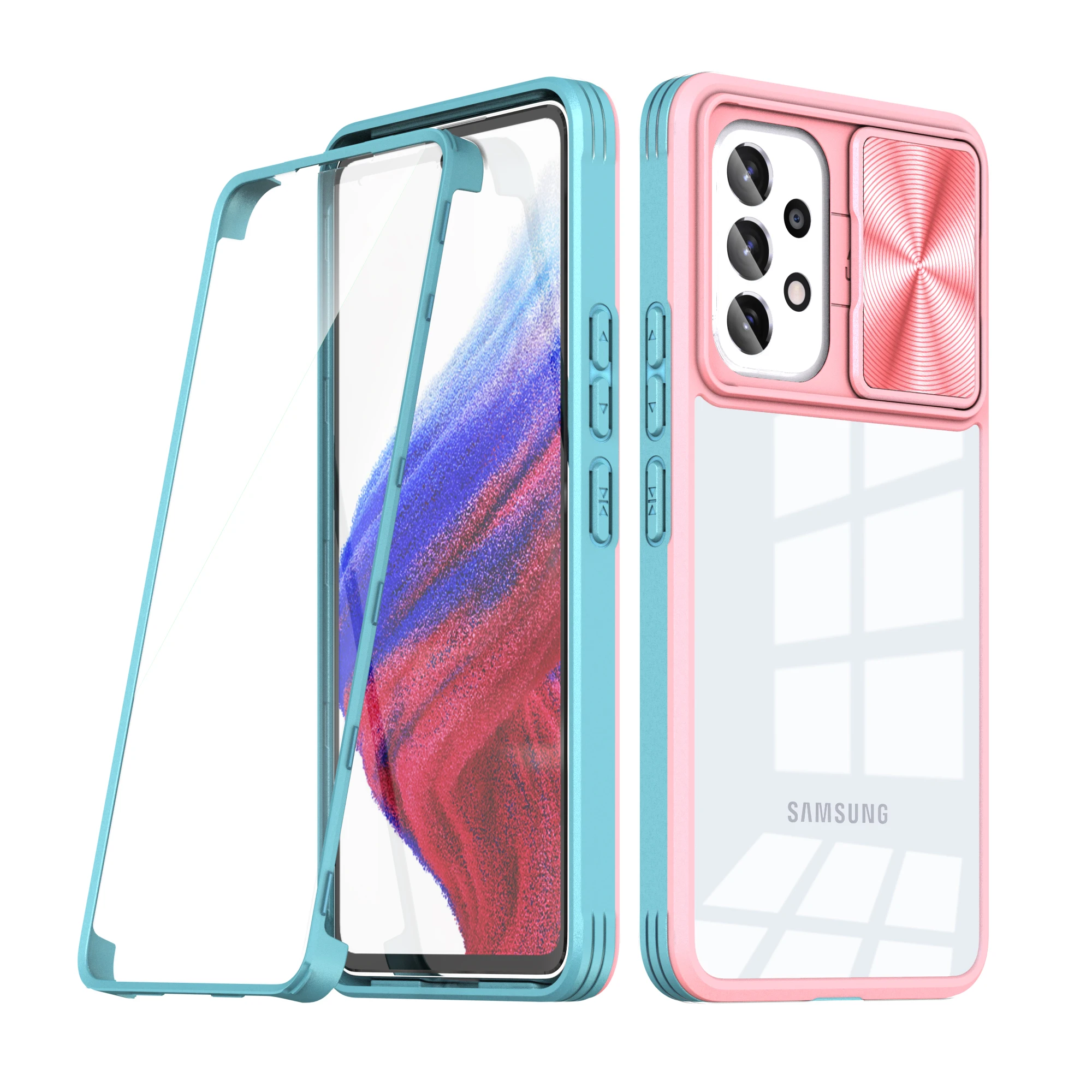 

Double Side Buckle Screen Protector Case for Samsung Galaxy A73 A53 A13 5G A03 Core Slide Camera Lens Cover Transparent PC Case