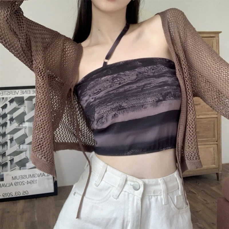 

Women V-Neck Lace-Up Front Long Sleeve Cardigan Crop Top Hollow Out See Through Fishnet Mesh Shirts Thin Cover Up for Ja