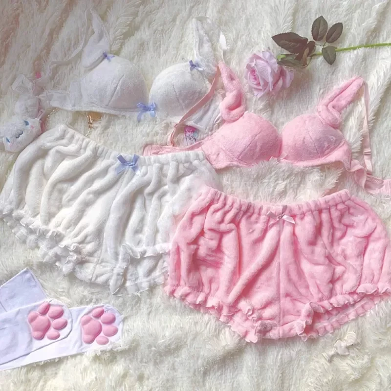 

Sexy Women Velvet Pajamas Bra Top and Shorts Cartoon Rabbit Ear Ruffle White Pink Sexy Underwear Cute Girl Sleepwear