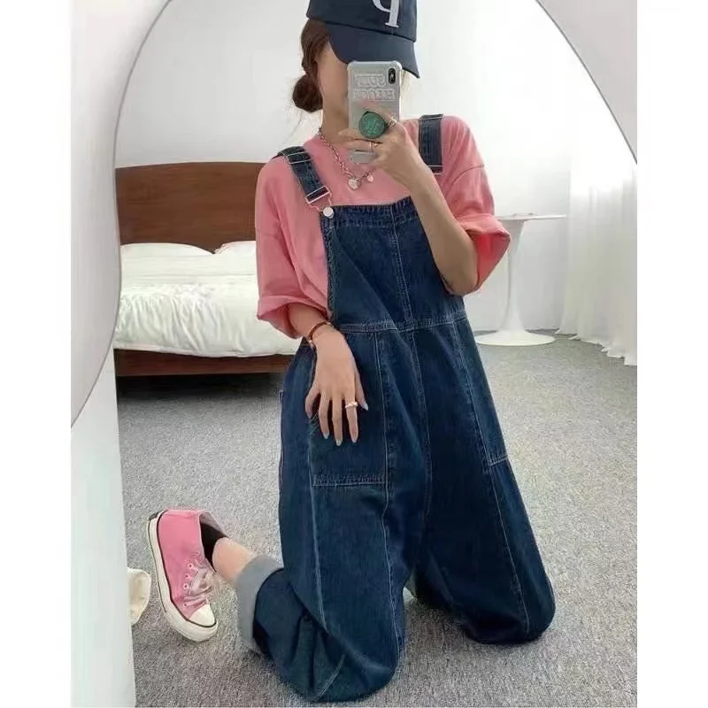 Женский джинсовый комбинезон на бретельках Синий Свободный в корейском уличном