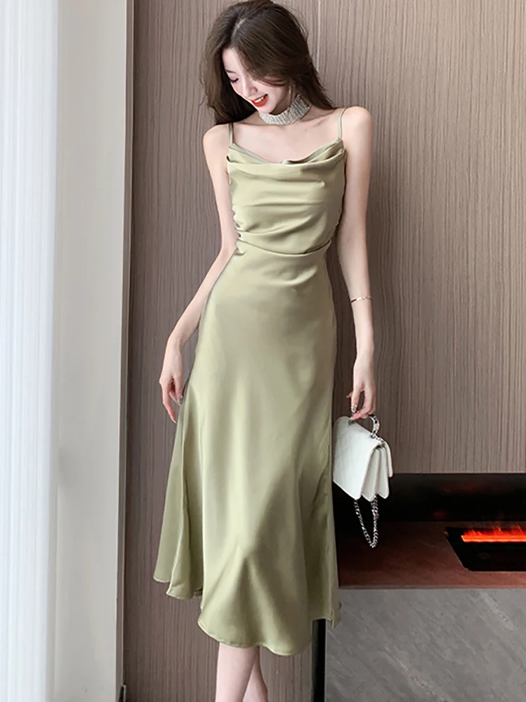 

Women Green Satin Luxury Party Evening Dress Summer Black Elegant Ruffled New Features of Dress 2023 Korean Bodycon Sling Dress