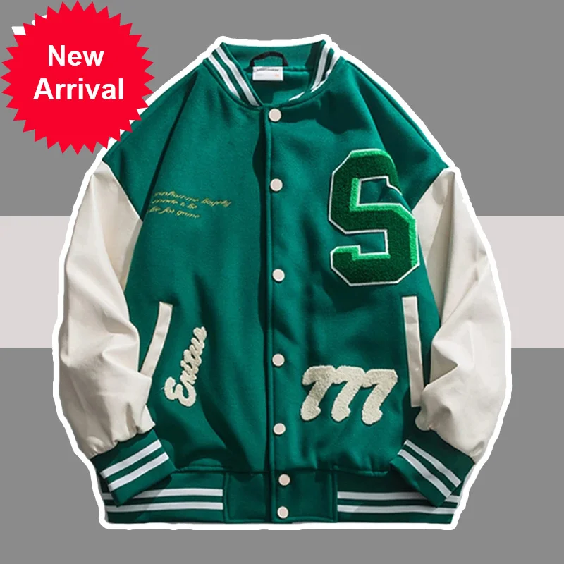 

Varsity Mens Street Vintage Jacket Furry Letter Embroidered Patchwork Baseball Jackets Japanese College Oversized Coat Unisex