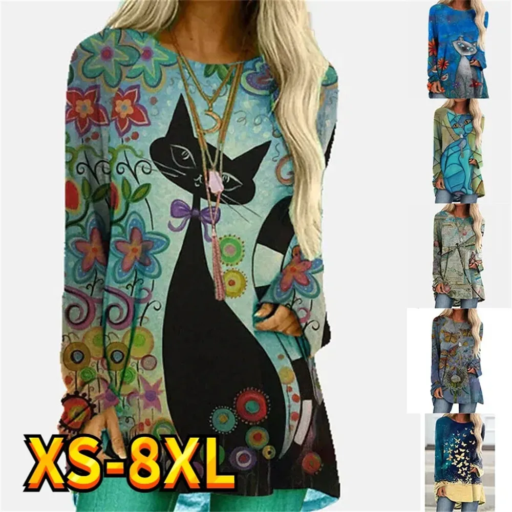 

Женская футболка с рисунком мультяшного кота, Повседневная футболка с милым принтом для отдыха, выходных, с длинным рукавом, с цветком, круглым вырезом, базовая женская футболка