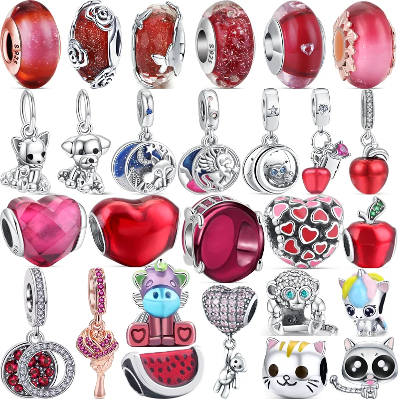 

Real 925 Sterling Silver Red Murano Glass Beads Cute Owl Unicorn Charm Fit Original Pandora Bracelet Women DIY European Jewelry