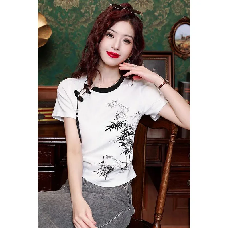Женская блузка с коротким рукавом и круглым вырезом в китайском стиле