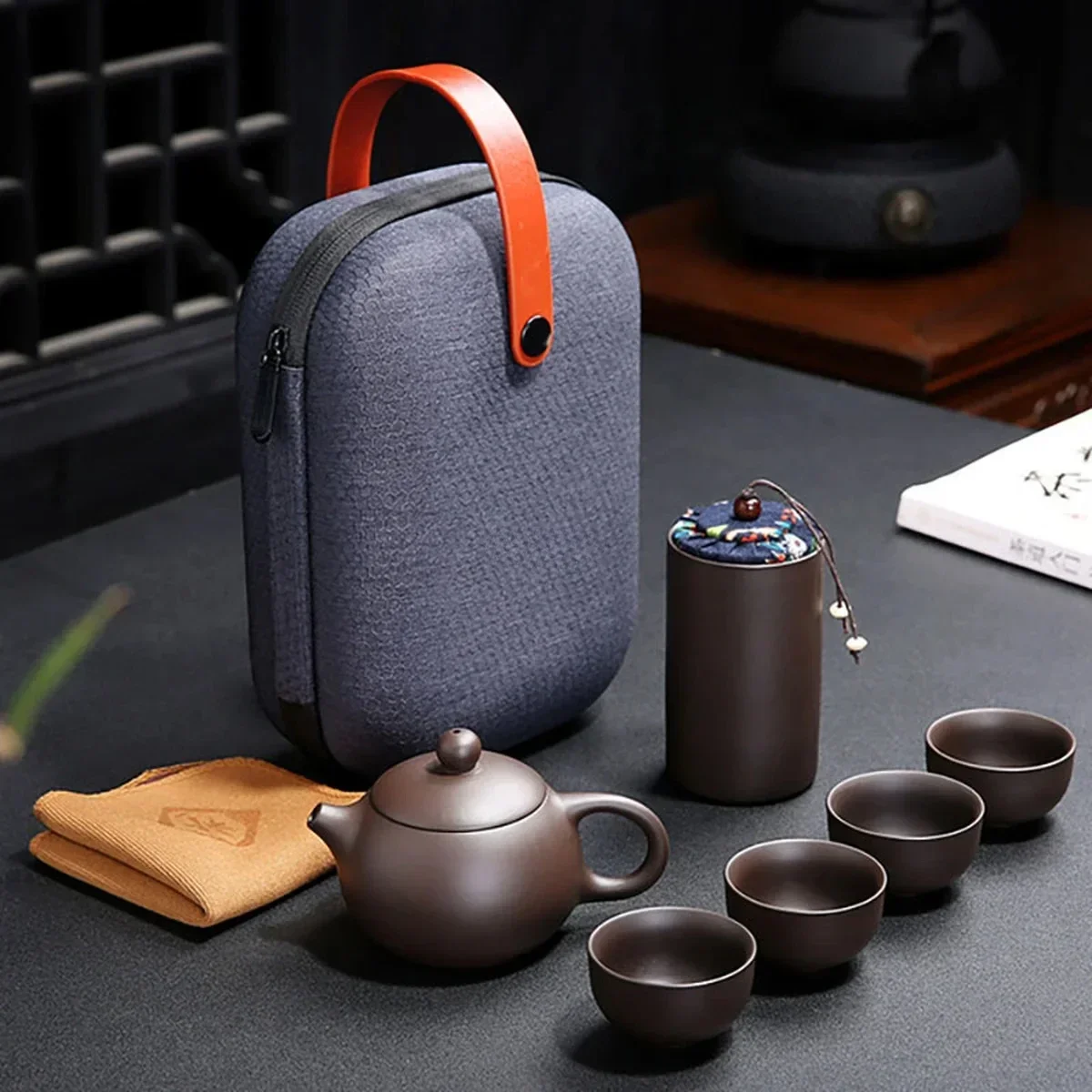 Portable Chinese Travel Tea Set Teapot Clay Ceremony Camping 4 Cups Zi Shi Ke Cup Pot