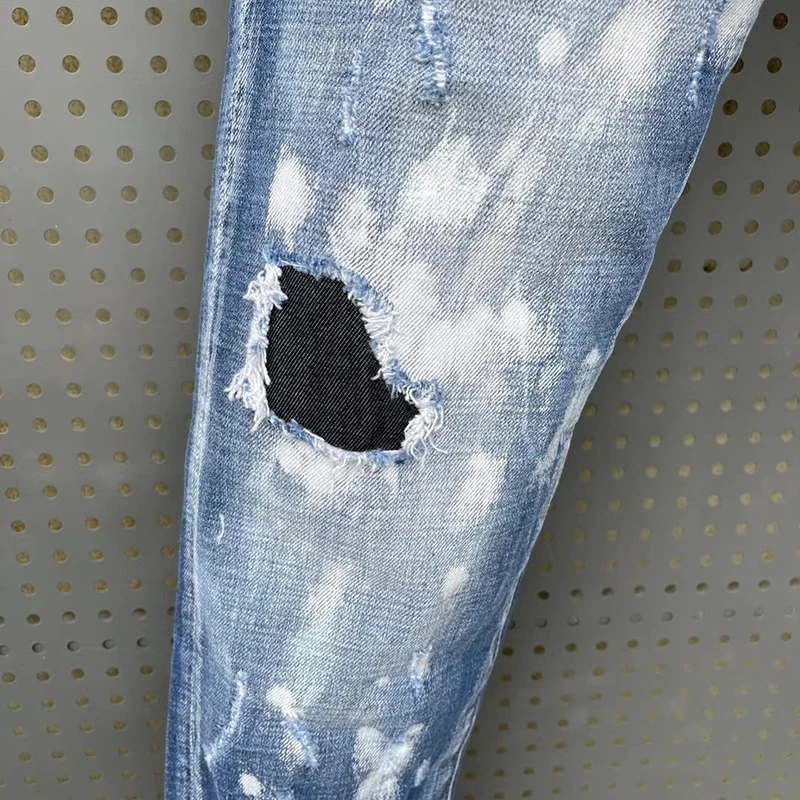 2022 Starbag DSQ four  jeans men's letter leather logo hole paint dot hip hop slim Blue Elastic Italian pop brand D2d NEW style