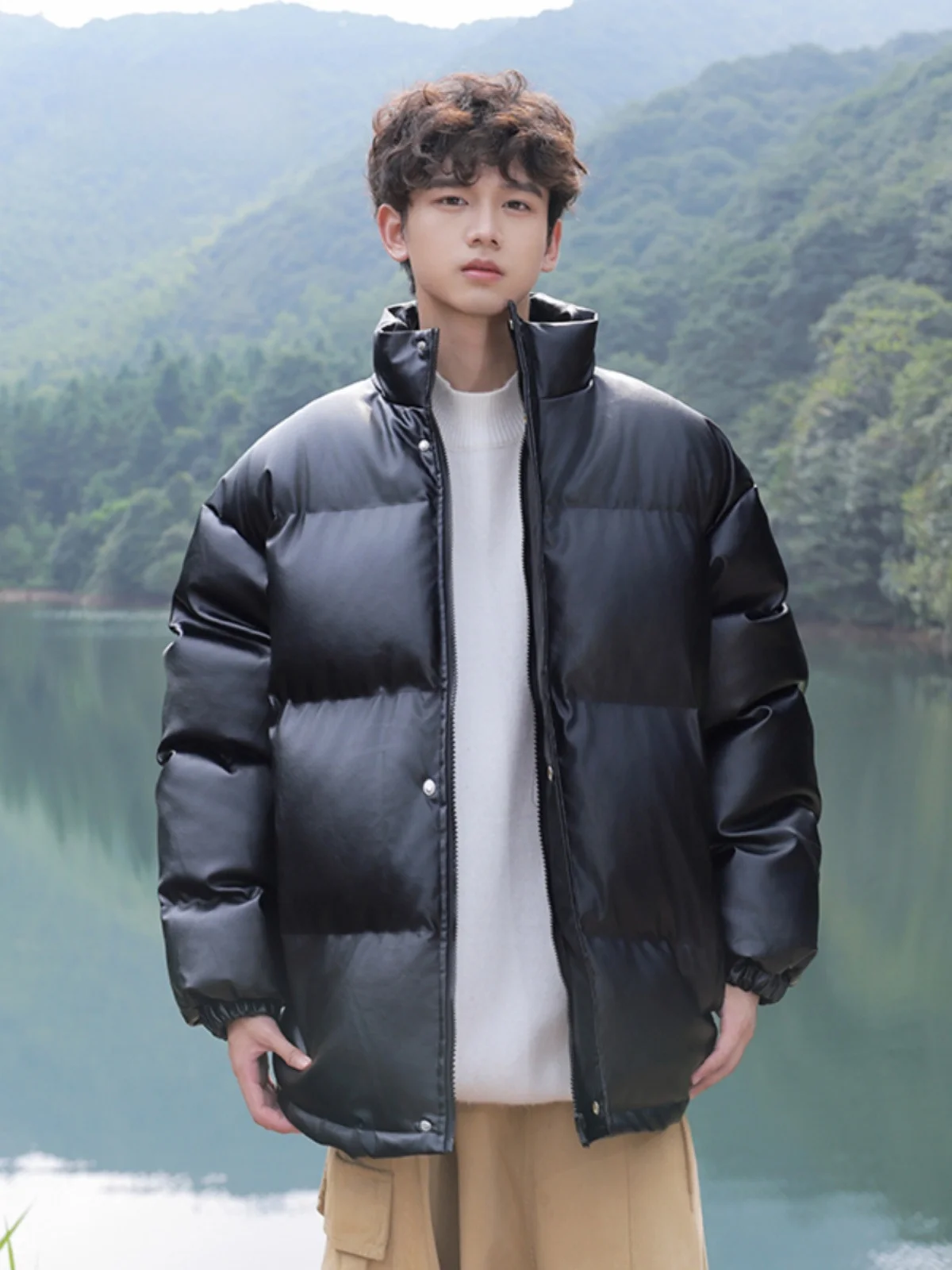 MTVO Maiou PU Leather Stand Collar Cotton-Padded Coat for Men Winter 2024 New Casual Waterproof Warm down Jacket Cotton-pad...