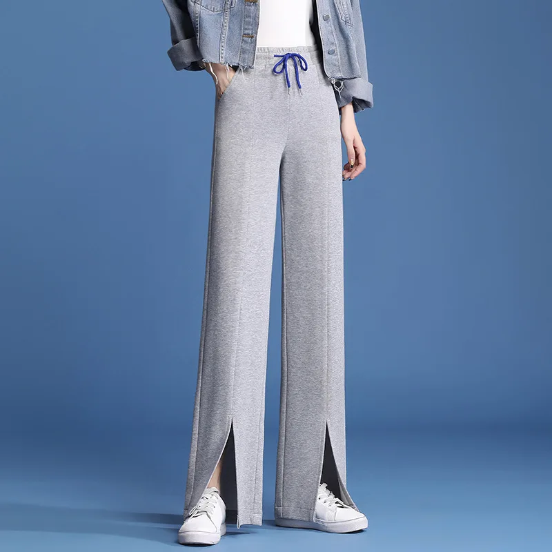 

2021 Spring Summer Split Wide-leg Pants Women High-waist Slim Loose Straight Leg Pants Female Drawstring Casual Sports Trousers