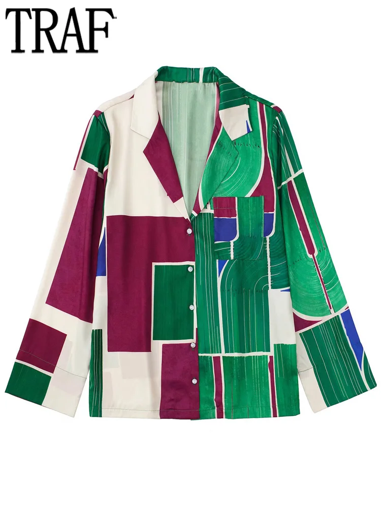 

TRAF Print Women Shirt Sets Fashion Office Blouses and Shirts for Women Summer Button Up Shirt Woman Long Sleeve Top Female