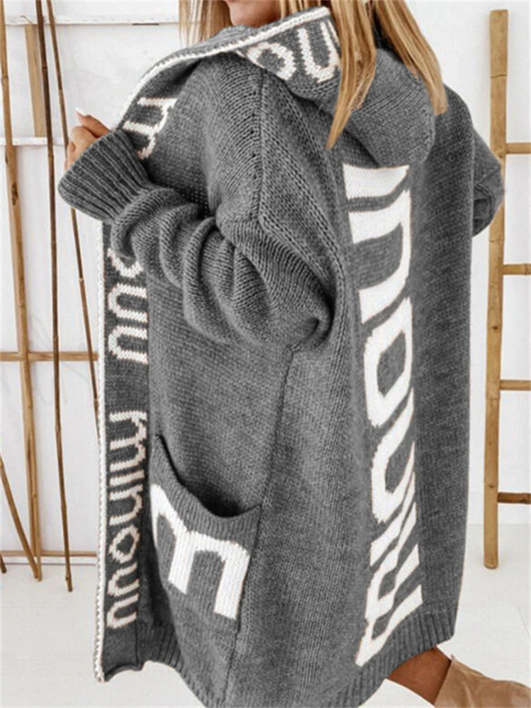 

Women's Knitted Cardigan Sweater Letter Jacquard Winter Loose Hooded Sweater Jacket Manteau Femme Hiver Oversized Warm Coat