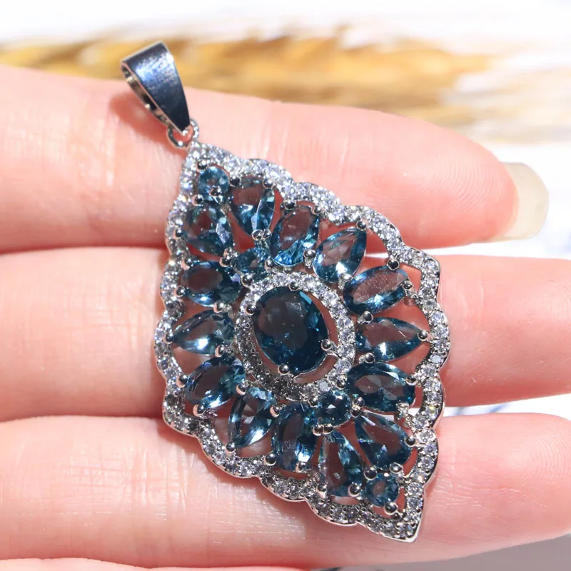 

Красивая Серебряная женская свадебная подвеска 52x28 мм с розовым турмалином лондонским голубым топазом белым кубическим цирконием