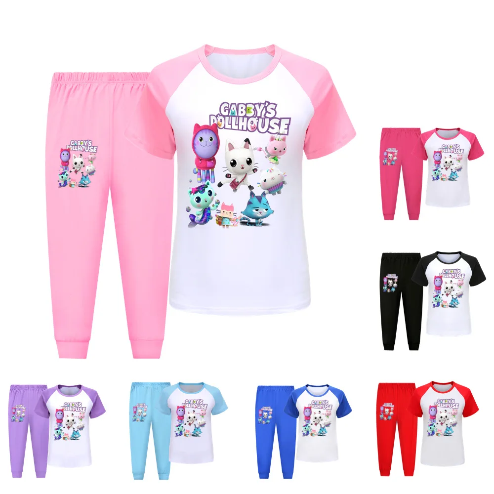 

Костюм для кукольного домика Gabbys, Детская Пижама с коротким рукавом для маленьких девочек, мультяшная футболка с Габби, штаны, комплект из 2 ...