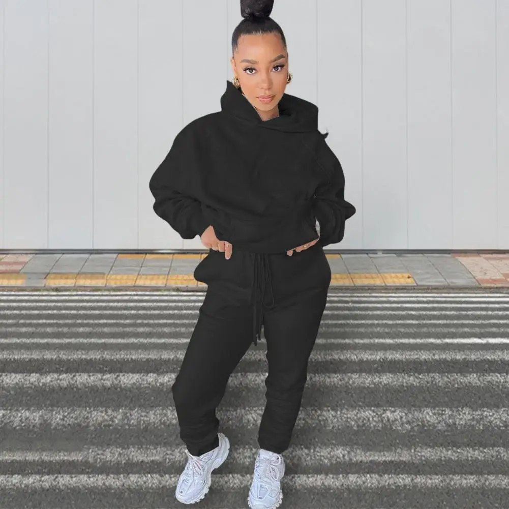 

Trendy Soft Hat Loose Ankle-banded Winter Hoodie Sweatpants Suit Long Sleeves Winter Top Pants Suit for Home
