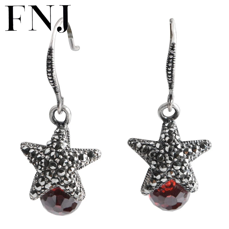 

FNJ Star Drop Earrings 925 Silver Original Pure S925 Sterling Silver Earring for Women Jewelry Red Zircon MARCASITE