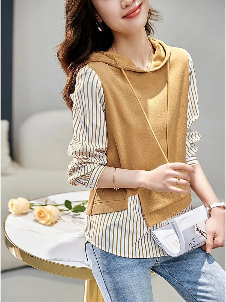 

Yellow Striped Hoodies Sport Woman Clothing Hooded Women's Sweatshirt Cotton Dropshiping Matching Y2k Style Thick Kpop Goth Top