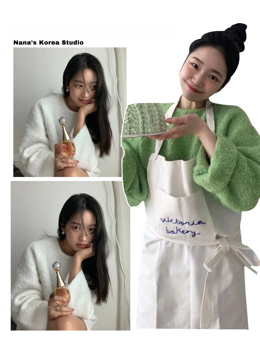 [Nana] Южная Корея Overdueflair Женский свитер с коротким круглым вырезом Свободный