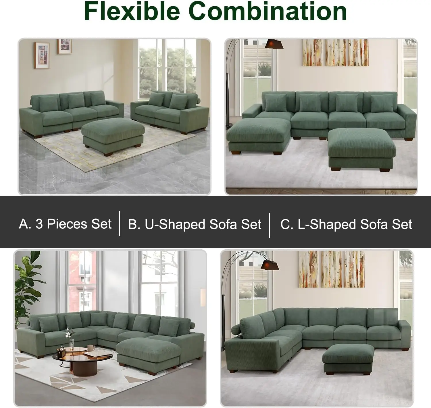 Зеленый вельветовый диван L-образный с оттоманкой для хранения вещей секционные