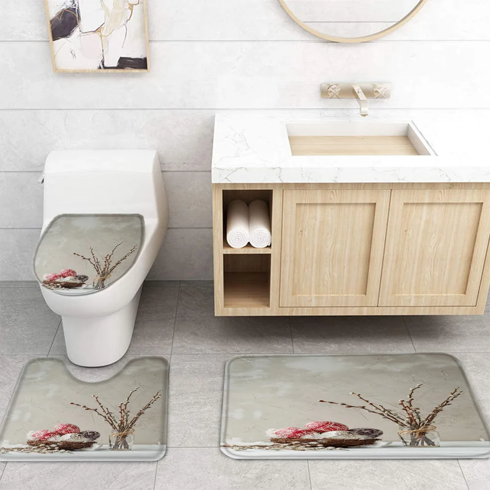 Easter Eggs Willow Branches Bottle Bathroom Shower Curtain Bath Rug Carpets Set Toilet Lid Cover Floor Mats Accessories | Дом и сад