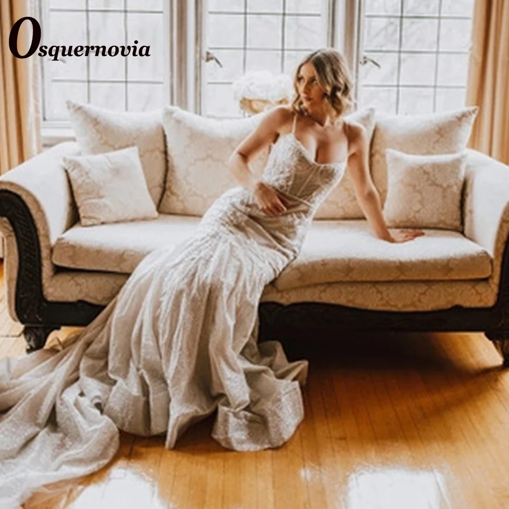 

Osquernovia Luxury Glitter Mermaid Wedding Dresses For Brides Appliques Backless Spaghetti Straps Abito Da Sposa Personalised