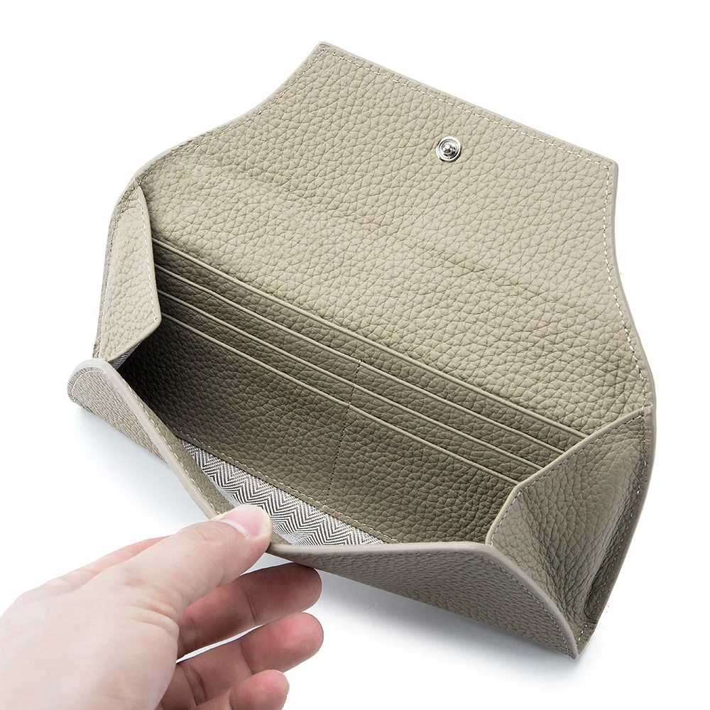 Genuine Leather Women Wallets Luxury Long Hasp Lychee Pattern Coin Purses Female Brand Solid Colors New Thin Clutch Phone Bag