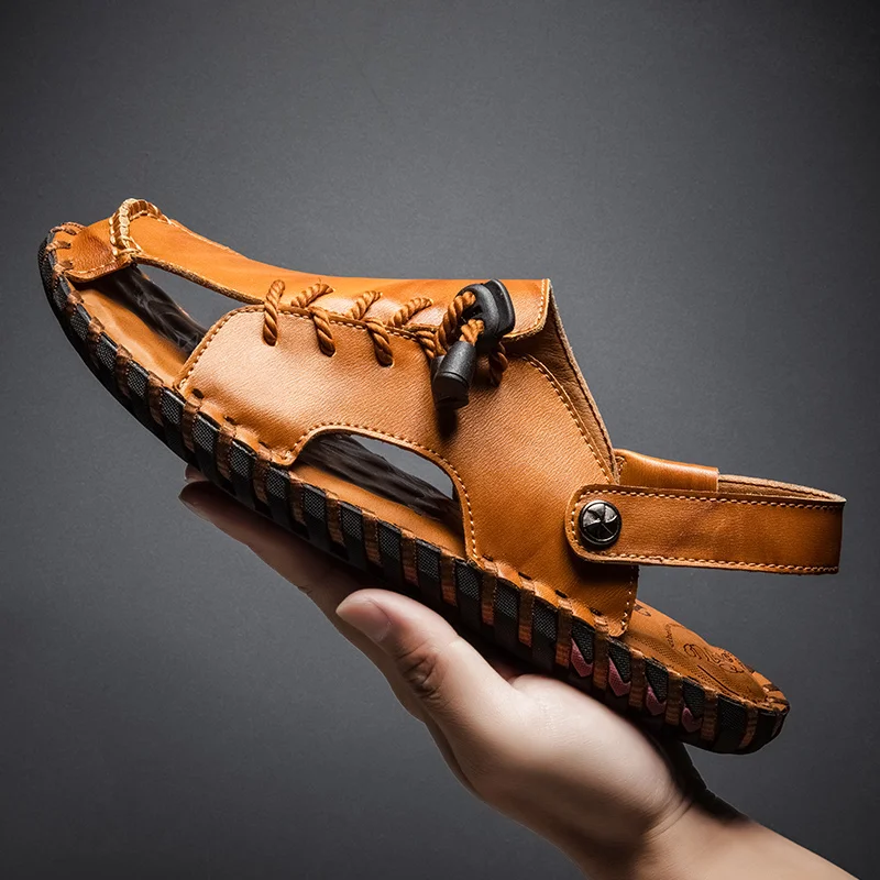2023 Young Men's Fashion Trend Leisure Comfortable Soft Leather Hand Sewn Beach Sandals Anti-Slip And Wear-Resistant