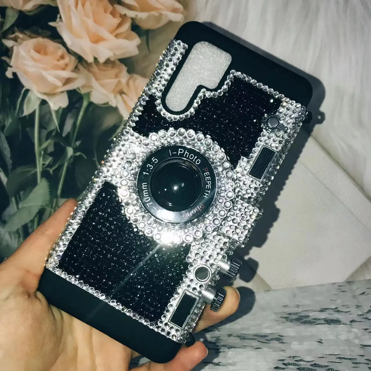 

Emily In Paris Camera Phone Case Design with Rhinestone Bling for IPhone 11 Samsung Huawei 3D Silicone Case for Women Cute Black