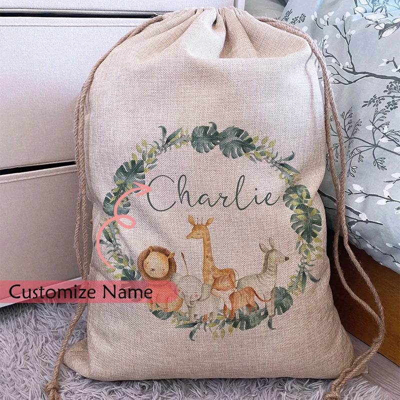 

Персонализированное имя, сафари, животные в джунглях, игрушечный мешок, детский мешок для девочек и мальчиков, день рождения, детский душ, рождественский подарок, подарочная сумка