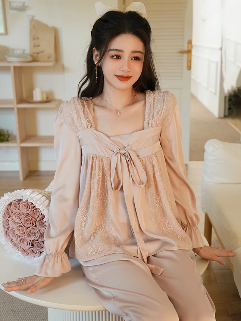 French Silk Pajamas for Women Lace Ruffles Fairy Shirt Lounge Two Piece Sweet Femme Nightgowns Victorian Princess Sleepwear