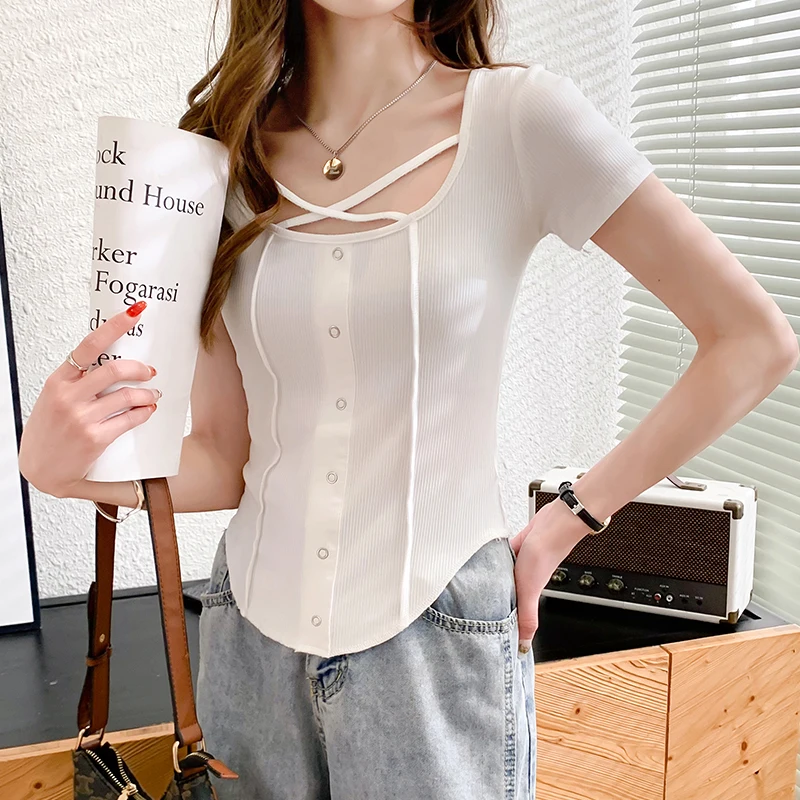 GGRIGHT белая черная хлопковая Футболка с видимым швом модный летний топ женские