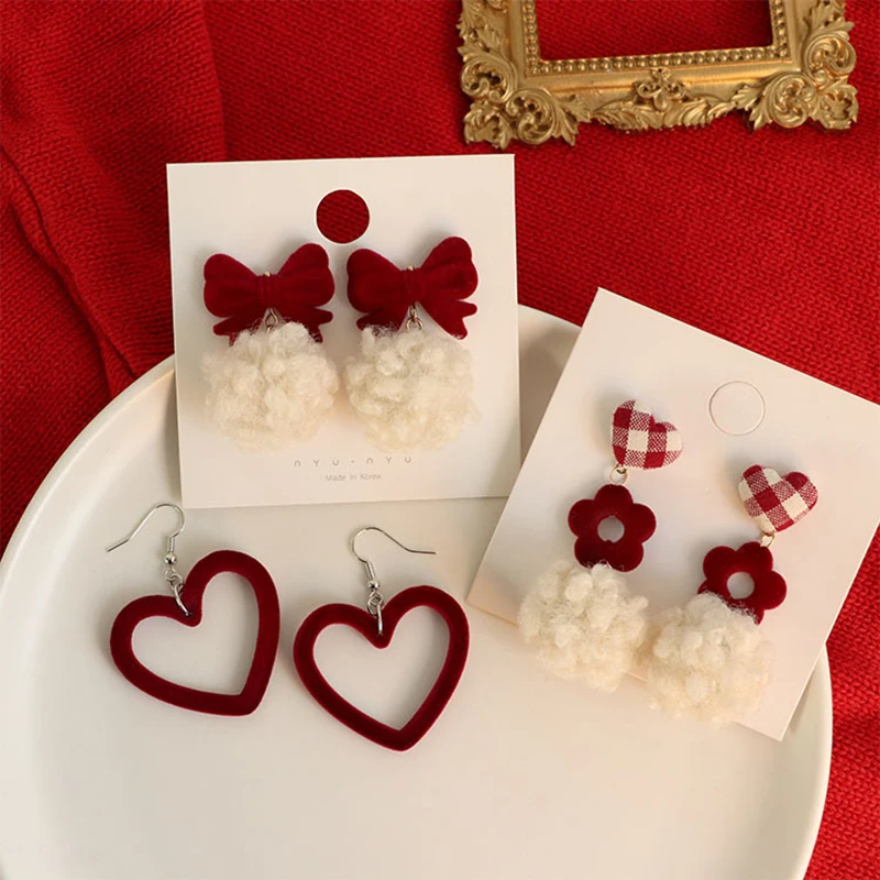 

LingLu Cute Red Geometric Furry Ball Earrings Sweet Christmas Gifts 2022 New Trendy Dangle Earring for Women Girls Party Jewelry