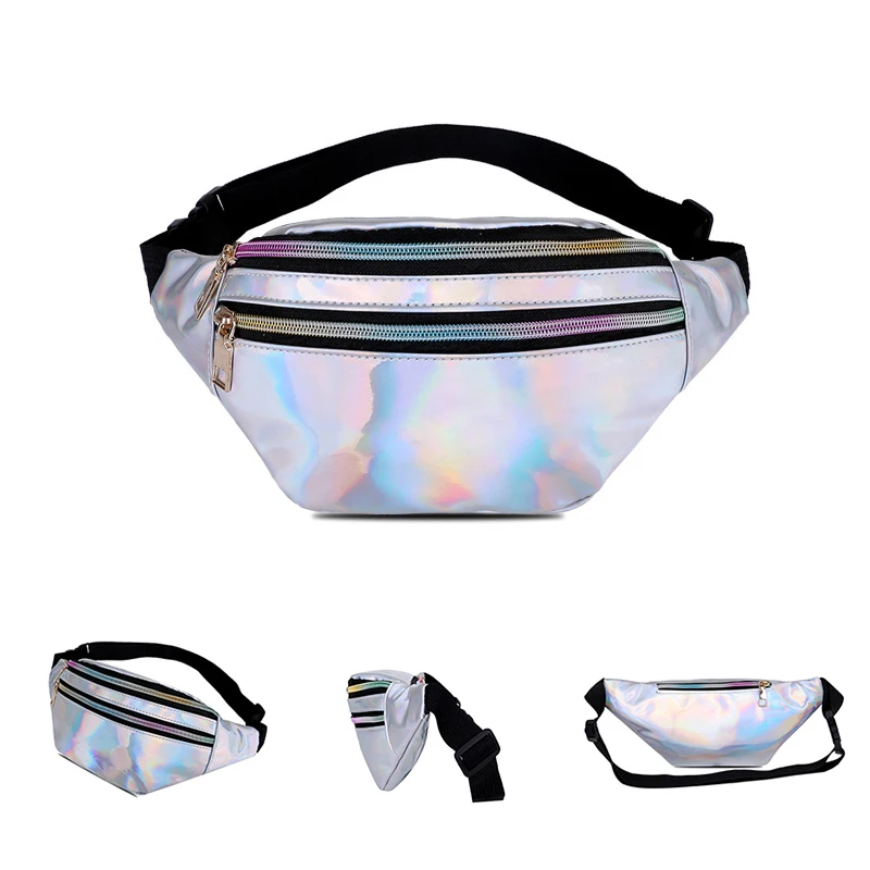 Wholesale  Designer Hologram Fanny Pack Geometric Sling Chest Bag Ultra Slim Bum Bag Pouch Waist Bag Silver For Women