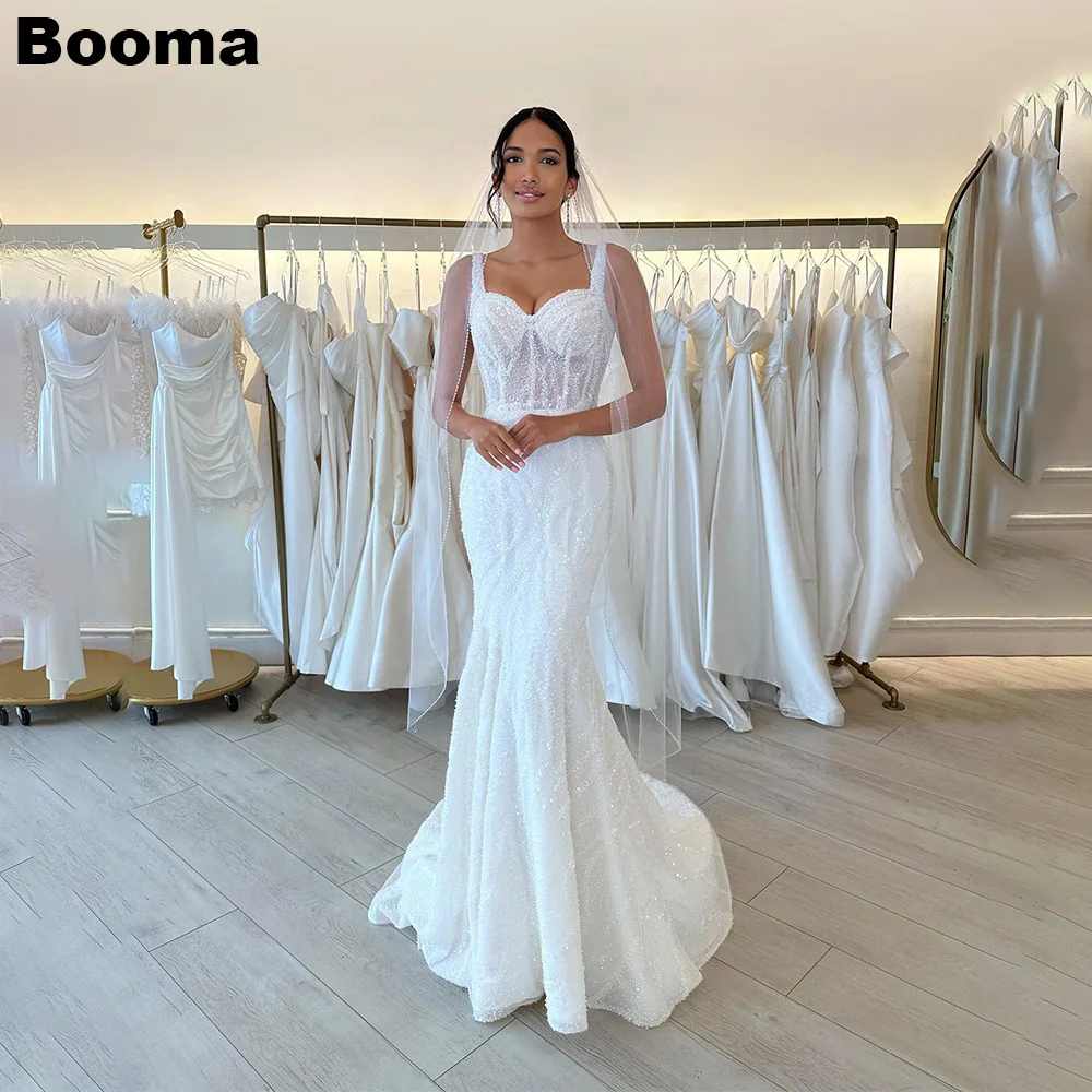 

Booma Elegant Mermaid Wedding Dresses Sweetheart Sequins Backless Bride Dresses for Women Lace Up Bridals Gowns robe de mariée