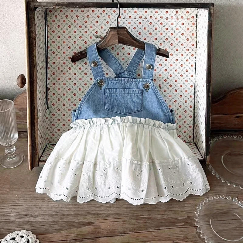 

Denim And Lace Patchwork Baby Dresses Girl Kids Blue Cute Strap 1st Birthday Dress Baby Toddler Girls Jean Romper Summer Clothes