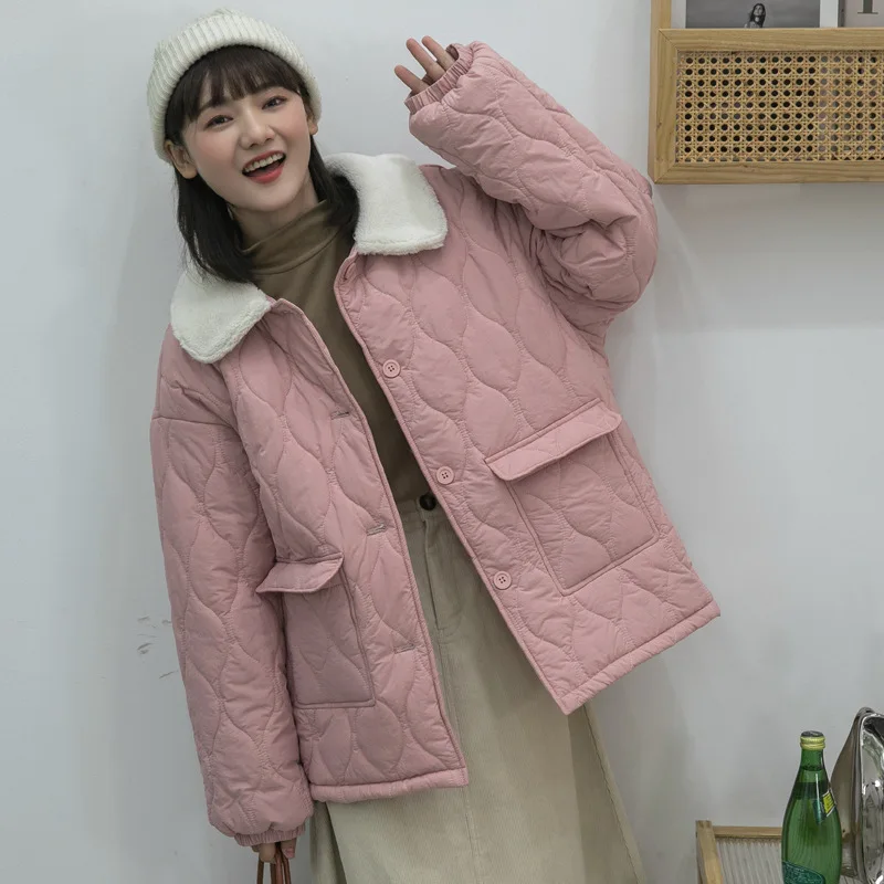 Lamb's Wool Collar Down Cotton Jacket Female Design Sense of Winter New Japanese Loose Casual Warm Cotton Coat Jacket