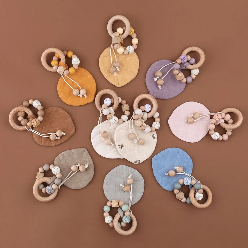 

Baby Wooden Teether Ring with Leaves Absorbent Cloth Towel Rattle Bead Molar Toy