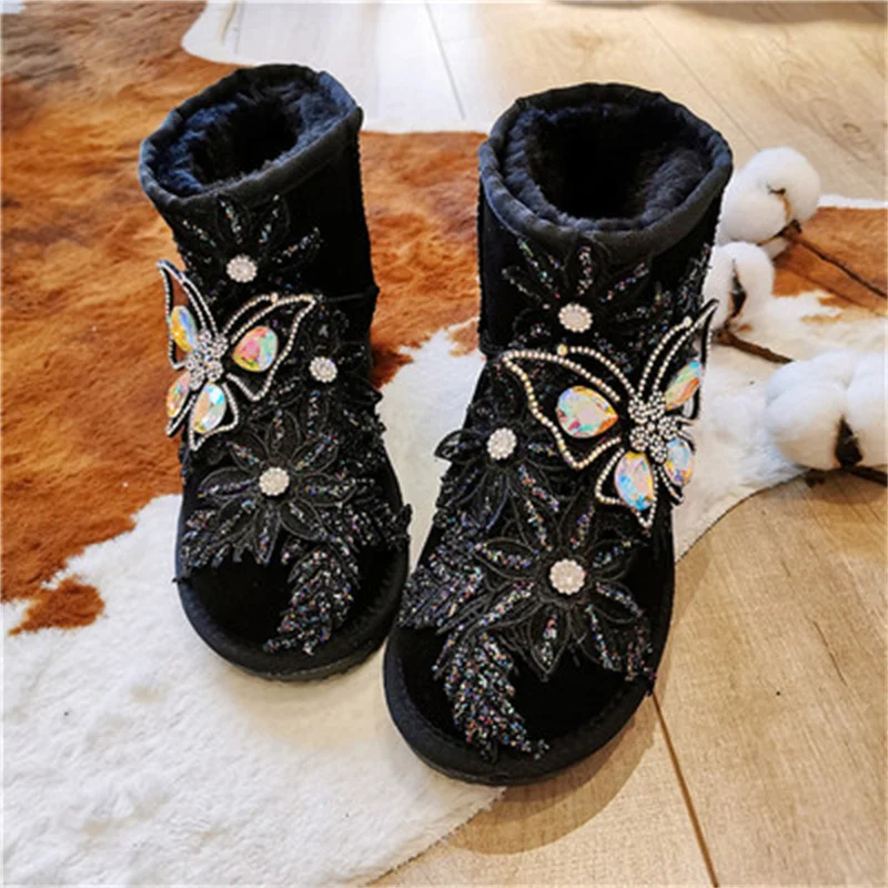 

Fur integrated snow boots heavy industry sequins black personality rhinestone short boots thickened cotton boots 35-40