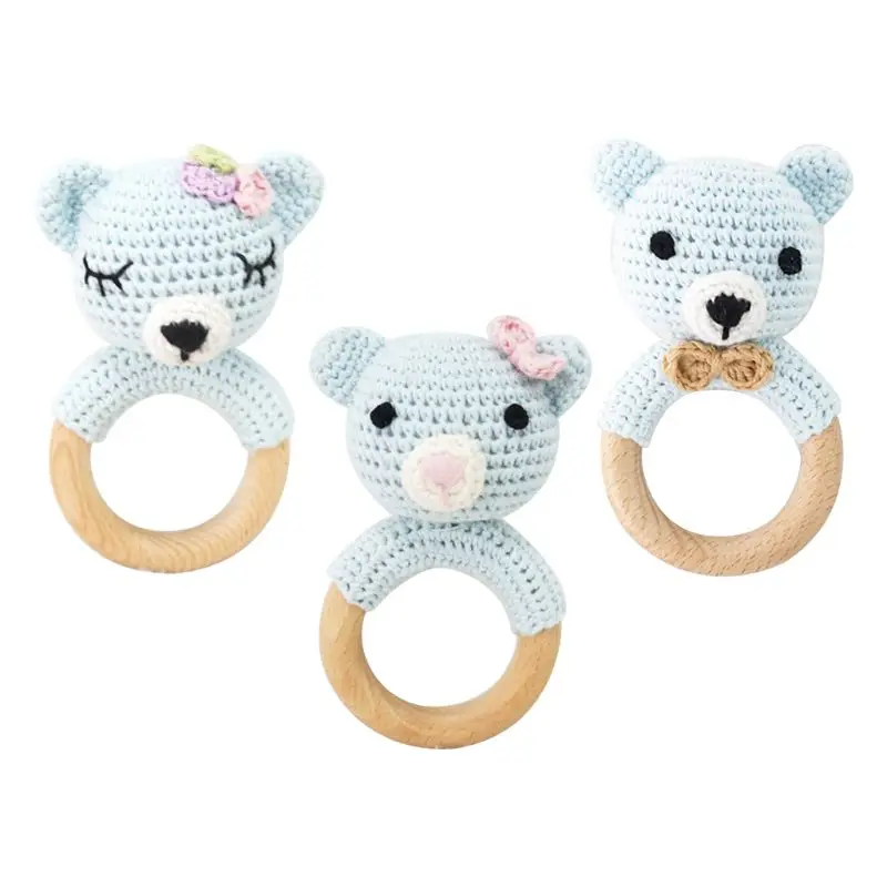 

Baby Wooden Teether Ring DIY Crochet Bear Rattle Soother Bracelet Infant Molar